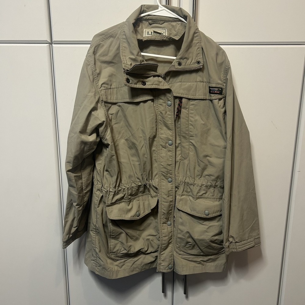 LL Bean Womens Large Tan Khaki Field Jacket Utility Cargo Pocket Coat B768